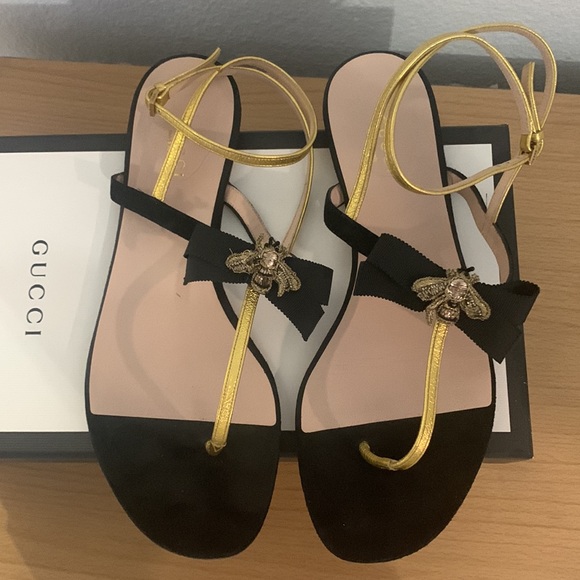 Gucci suede leather t-strap bumblee sandals - Picture 2 of 6